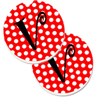 "Caroline's Treasures Monogram - Initial V Red black Polka Dots Set of 2 Cup Holder Car Coasters CJ1012-VCARC, 2.56, Multicolor"
