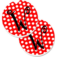 "Caroline's Treasures Monogram - Initial W Red black Polka Dots Set of 2 Cup Holder Car Coasters CJ1012-WCARC, 2.56, Multicolor"
