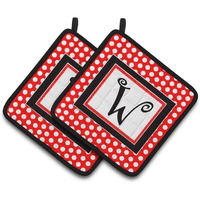 "Caroline's Treasures Monogram - Initial W Red black Polka Dots Pair of Pot Holders CJ1012-WPTHD, 7.5HX7.5W, Multicolor"