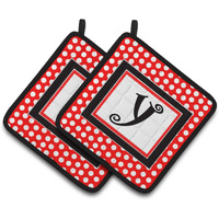 "Caroline's Treasures Monogram - Initial Y Red black Polka Dots Pair of Pot Holders CJ1012-YPTHD, 7.5HX7.5W, Multicolor"