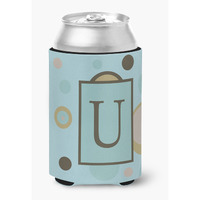 Letter U Initial Monogram - Blue Dots Can or Bottle Beverage Insulator Hugger