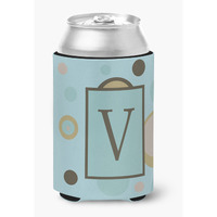 Letter V Initial Monogram - Blue Dots Can or Bottle Beverage Insulator Hugger