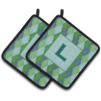 "Caroline's Treasures Monogram - Initial L Blue Argoyle Pair of Pot Holders CJ1020-LPTHD, 7.5HX7.5W, Multicolor"