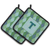 "Caroline's Treasures Initial T Monogram - Blue Argoyle Pair of Pot Holders CJ1020-TPTHD, 7.5HX7.5W, Multicolor"