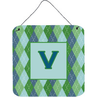 "Caroline's Treasures Letter V Initial with Monogram-Blue Argyle Wall or Door Hanging Prints, 6 x 6"", Multicolor"