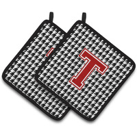 "Caroline's Treasures Letter T Monogram - Houndstooth black Pair of Pot Holders CJ1021-TPTHD, 7.5HX7.5W, Multicolor"