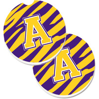 "Caroline's Treasures Letter A Monogram - Tiger Stripe - Purple Gold Set of 2 Cup Holder Car Coasters CJ1022-ACARC, 2.56, Multicolor"