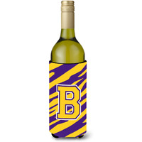 Monogram - Tiger Stripe - Purple Gold  Initial B Wine Bottle Beverage Insulator Beverage Insulator Hugger