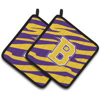 "Caroline's Treasures Letter B Monogram - Tiger Stripe - Purple Gold Pair of Pot Holders CJ1022-BPTHD, 7.5HX7.5W, Multicolor"