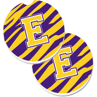 "Caroline's Treasures Letter E Monogram - Tiger Stripe - Purple Gold Set of 2 Cup Holder Car Coasters CJ1022-ECARC, 2.56, Multicolor"