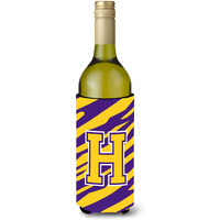 Monogram - Tiger Stripe - Purple Gold  Initial H Wine Bottle Beverage Insulator Beverage Insulator Hugger