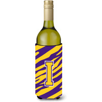 Monogram - Tiger Stripe - Purple Gold  Initial I Wine Bottle Beverage Insulator Beverage Insulator Hugger