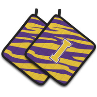 "Caroline's Treasures Letter I Monogram - Tiger Stripe - Purple Gold Pair of Pot Holders CJ1022-IPTHD, 7.5HX7.5W, Multicolor"