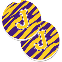 "Caroline's Treasures Letter J Monogram - Tiger Stripe - Purple Gold Set of 2 Cup Holder Car Coasters CJ1022-JCARC, 2.56, Multicolor"