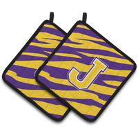 "Caroline's Treasures Letter J Monogram - Tiger Stripe - Purple Gold Pair of Pot Holders CJ1022-JPTHD, 7.5HX7.5W, Multicolor"