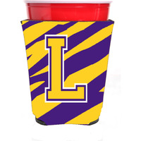 Tiger Stripe - Purple Gold Letter L Monogram Initial Red Solo Cup Beverage Insulator Hugger