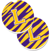 "Caroline's Treasures Letter L Monogram - Tiger Stripe - Purple Gold Set of 2 Cup Holder Car Coasters CJ1022-LCARC, 2.56, Multicolor"