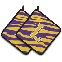 "Caroline's Treasures Letter L Monogram - Tiger Stripe - Purple Gold Pair of Pot Holders CJ1022-LPTHD, 7.5HX7.5W, Multicolor"