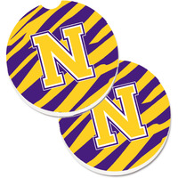 "Caroline's Treasures Letter N Monogram - Tiger Stripe - Purple Gold Set of 2 Cup Holder Car Coasters CJ1022-NCARC, 2.56, Multicolor"