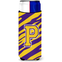 Monogram - Tiger Stripe - Purple Gold  Letter P Ultra Beverage Insulators for slim cans CJ1022-PMUK