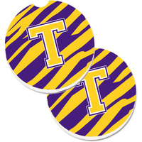 "Caroline's Treasures Letter T Monogram - Tiger Stripe - Purple Gold Set of 2 Cup Holder Car Coasters CJ1022-TCARC, 2.56, Multicolor"