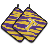 "Caroline's Treasures Letter T Monogram - Tiger Stripe - Purple Gold Pair of Pot Holders CJ1022-TPTHD, 7.5HX7.5W, Multicolor"