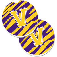 "Caroline's Treasures Letter V Monogram - Tiger Stripe - Purple Gold Set of 2 Cup Holder Car Coasters CJ1022-VCARC, 2.56, Multicolor"