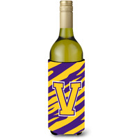 Monogram - Tiger Stripe - Purple Gold  Initial V Wine Bottle Beverage Insulator Beverage Insulator Hugger