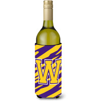 Monogram - Tiger Stripe - Purple Gold  Initial W Wine Bottle Beverage Insulator Beverage Insulator Hugger