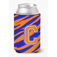 Letter C Initial Monogram Tiger Stripe Blue Orange Can or Bottle Beverage Insulator Hugger