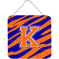 "Caroline's Treasures Letter K Initial with Tiger Stripe-Blue Orange Wall or Door Hanging Prints, 6 x 6"", Multicolor"