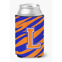Letter L Initial Monogram Tiger Stripe Blue Orange Can or Bottle Beverage Insulator Hugger
