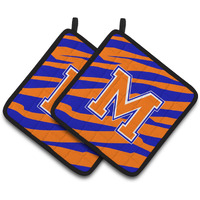 "Caroline's Treasures Monogram Initial M Tiger Stripe - Blue Orange Pair of Pot Holders CJ1023-MPTHD, 7.5HX7.5W, Multicolor"