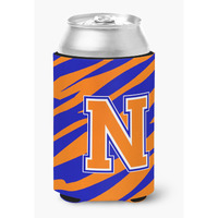 Letter N Initial Monogram Tiger Stripe Blue Orange Can or Bottle Beverage Insulator Hugger