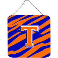 "Caroline's Treasures Letter T Initial with Tiger Stripe-Blue Orange Wall or Door Hanging Prints, 6 x 6"", Multicolor"