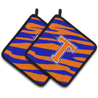 "Caroline's Treasures Monogram Initial T Tiger Stripe - Blue Orange Pair of Pot Holders CJ1023-TPTHD, 7.5HX7.5W, Multicolor"