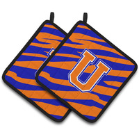 "Caroline's Treasures Monogram Initial U Tiger Stripe - Blue Orange Pair of Pot Holders CJ1023-UPTHD, 7.5HX7.5W, Multicolor"