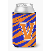 Letter V Initial Monogram Tiger Stripe Blue Orange Can or Bottle Beverage Insulator Hugger