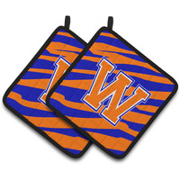 "Caroline's Treasures Monogram Initial W Tiger Stripe - Blue Orange Pair of Pot Holders CJ1023-WPTHD, 7.5HX7.5W, Multicolor"