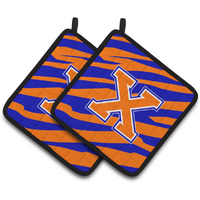 "Caroline's Treasures Monogram Initial x Tiger Stripe - Blue Orange Pair of Pot Holders CJ1023-XPTHD, 7.5HX7.5W, Multicolor"