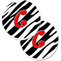 "Caroline's Treasures Monogram Initial C Zebra Red Set of 2 Cup Holder Car Coasters CJ1024-CCARC, 2.56, Multicolor"