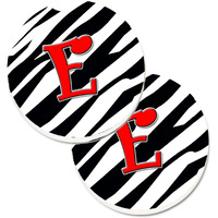 "Caroline's Treasures Monogram Initial E Zebra Red Set of 2 Cup Holder Car Coasters CJ1024-ECARC, 2.56, Multicolor"
