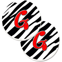 "Caroline's Treasures Monogram Initial G Zebra Red Set of 2 Cup Holder Car Coasters CJ1024-GCARC, 2.56, Multicolor"