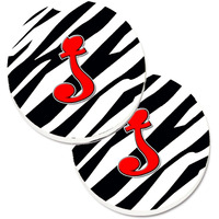 "Caroline's Treasures Monogram Initial J Zebra Red Set of 2 Cup Holder Car Coasters CJ1024-JCARC, 2.56, Multicolor"