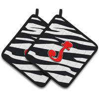 "Caroline's Treasures Monogram Initial J Zebra Red Pair of Pot Holders CJ1024-JPTHD, 7.5HX7.5W, Multicolor"