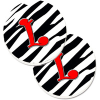 "Caroline's Treasures Monogram Initial L Zebra Red Set of 2 Cup Holder Car Coasters CJ1024-LCARC, 2.56, Multicolor"
