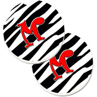 "Caroline's Treasures Monogram Initial M Zebra Red Set of 2 Cup Holder Car Coasters CJ1024-MCARC, 2.56, Multicolor"