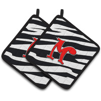 "Caroline's Treasures Monogram Initial M Zebra Red Pair of Pot Holders CJ1024-MPTHD, 7.5HX7.5W, Multicolor"