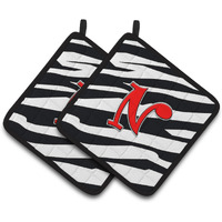 "Caroline's Treasures Monogram Initial N Zebra Red Pair of Pot Holders CJ1024-NPTHD, 7.5HX7.5W, Multicolor"