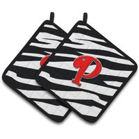 "Caroline's Treasures Monogram Initial P Zebra Red Pair of Pot Holders CJ1024-PPTHD, 7.5HX7.5W, Multicolor"